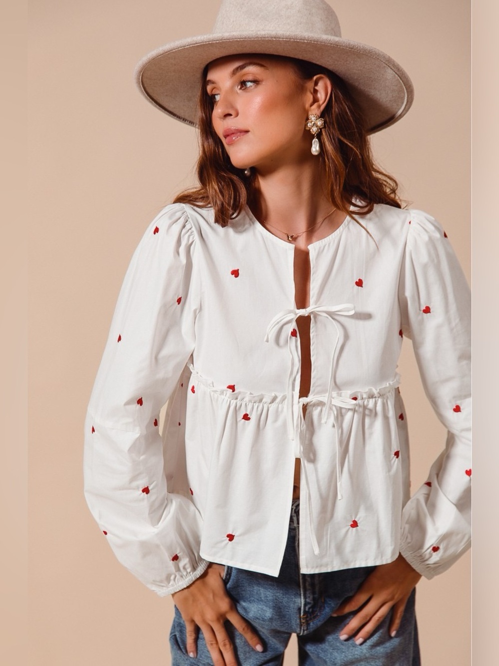 SO ME Front Tie Heart Embroidered Blouse With Puff Sleeve - Picture 2 of 11